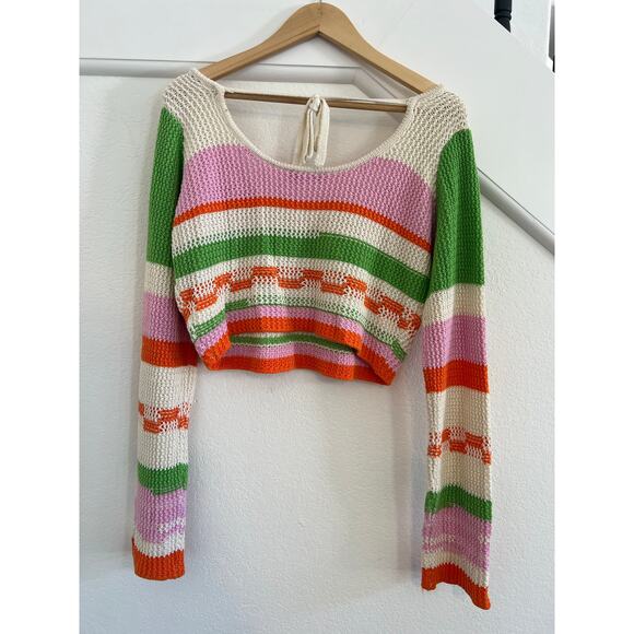 Grey Bandit Crochet Knit Striped Cropped Blouse Womens XL Beach Coastal Fairy - Picture 2 of 16